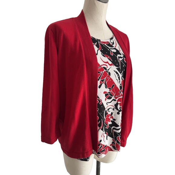 Alfred Dunner Red & Black Floral Rhinestones 2 pc connected top & cardigan M - Picture 3 of 12